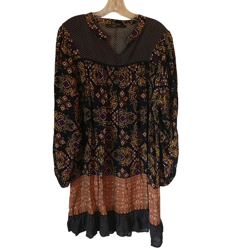 Hazel Dress Large Womens Tunic Style Boho Multicolor Floral Patchwork Hippie L